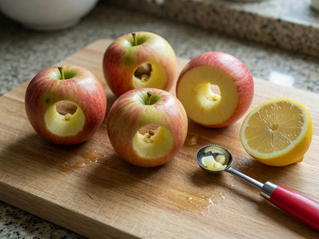 Ausgehöhlte Äpfel auf dem Holzbrett