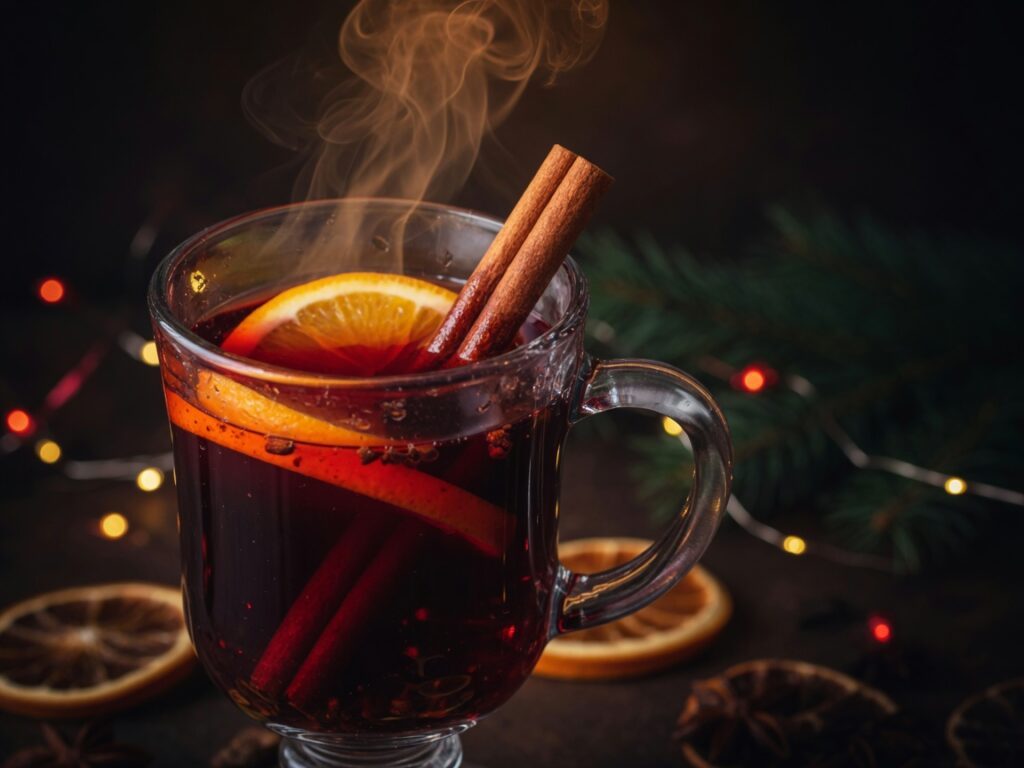 Glühwein mit Gewürzen und Orangenscheiben im Topf