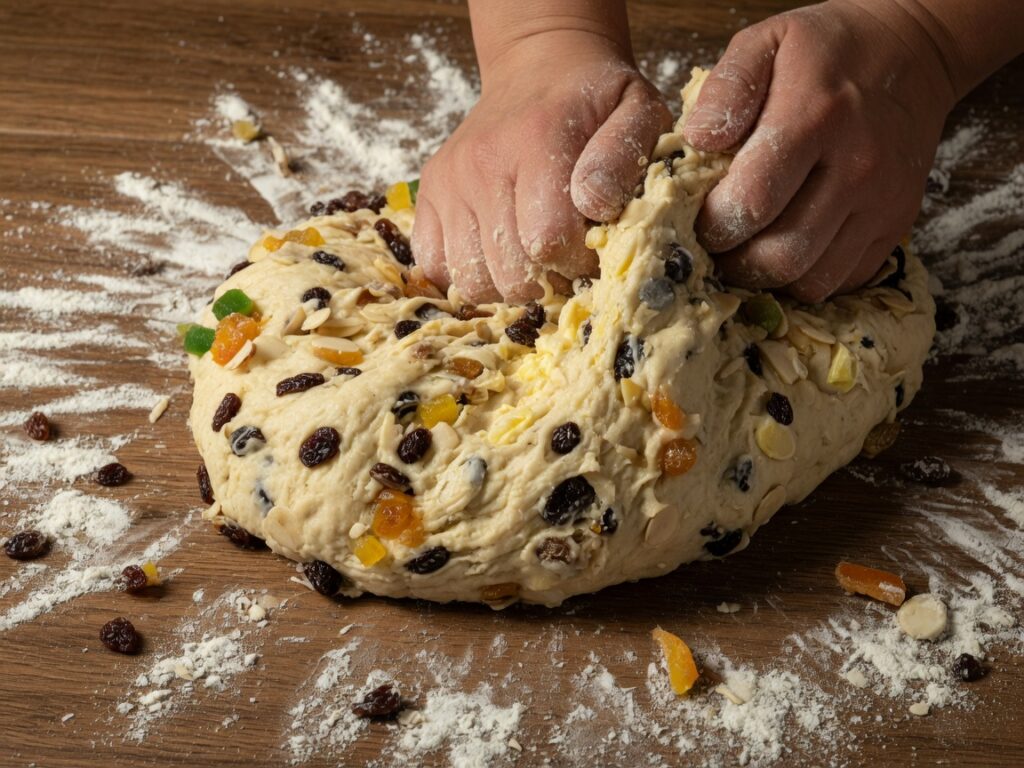Stollenteig mit Rosinen und Mandeln