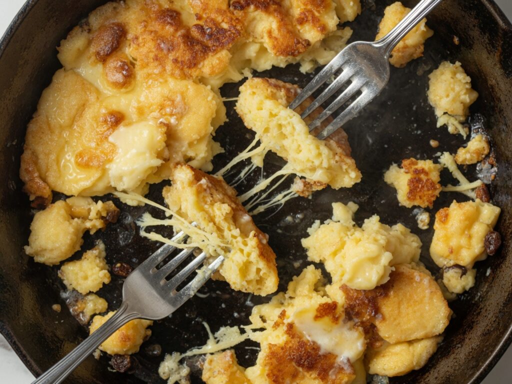 Kaiserschmarrn-Teig in der Pfanne mit Rosinen