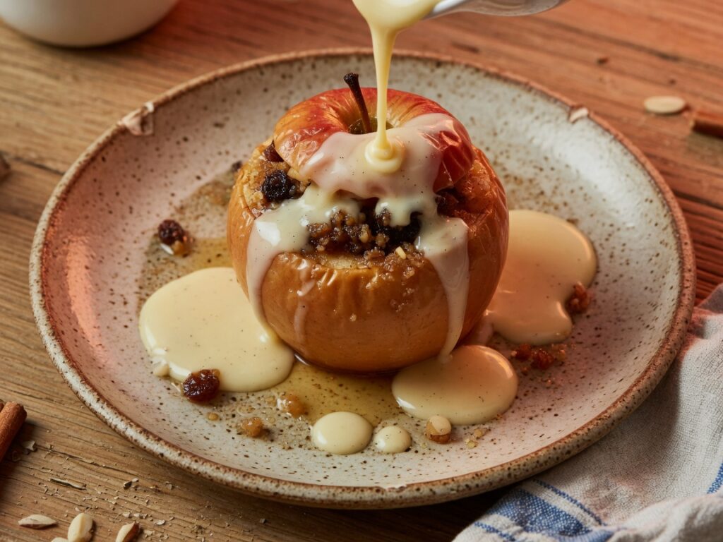 Bratapfel mit Vanillesauce auf dem Teller