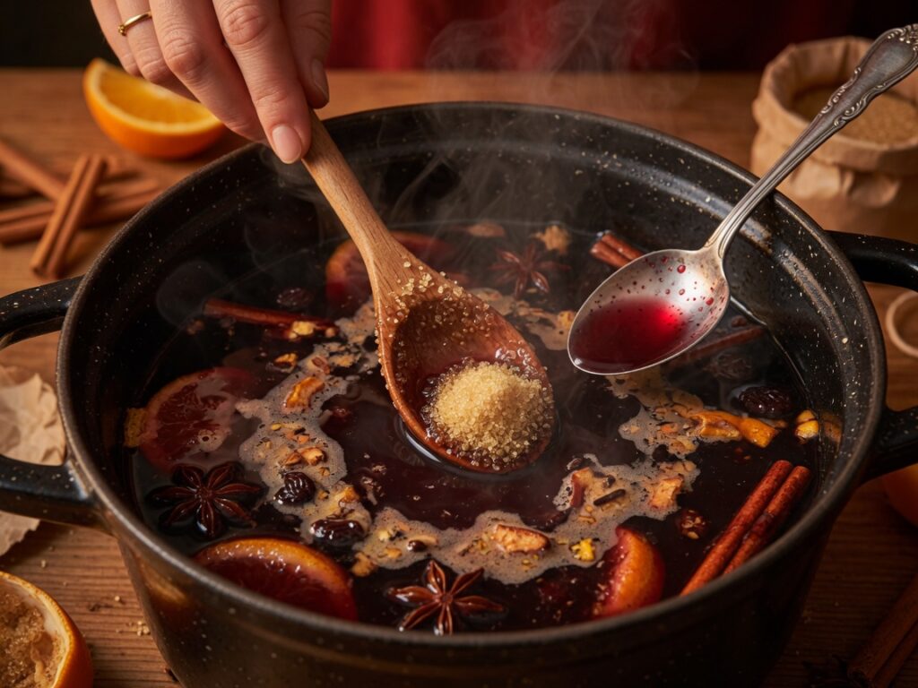 Glühwein in der Tasse mit Orange und Zimt