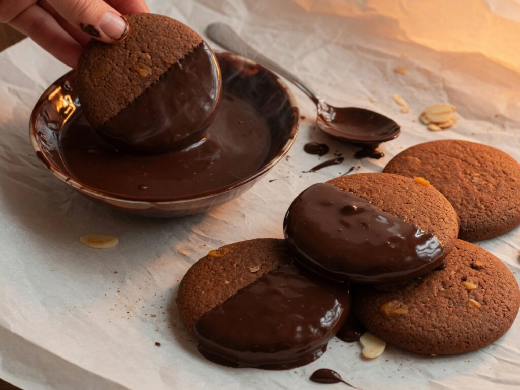 Lebkuchen werden in Schokolade getaucht