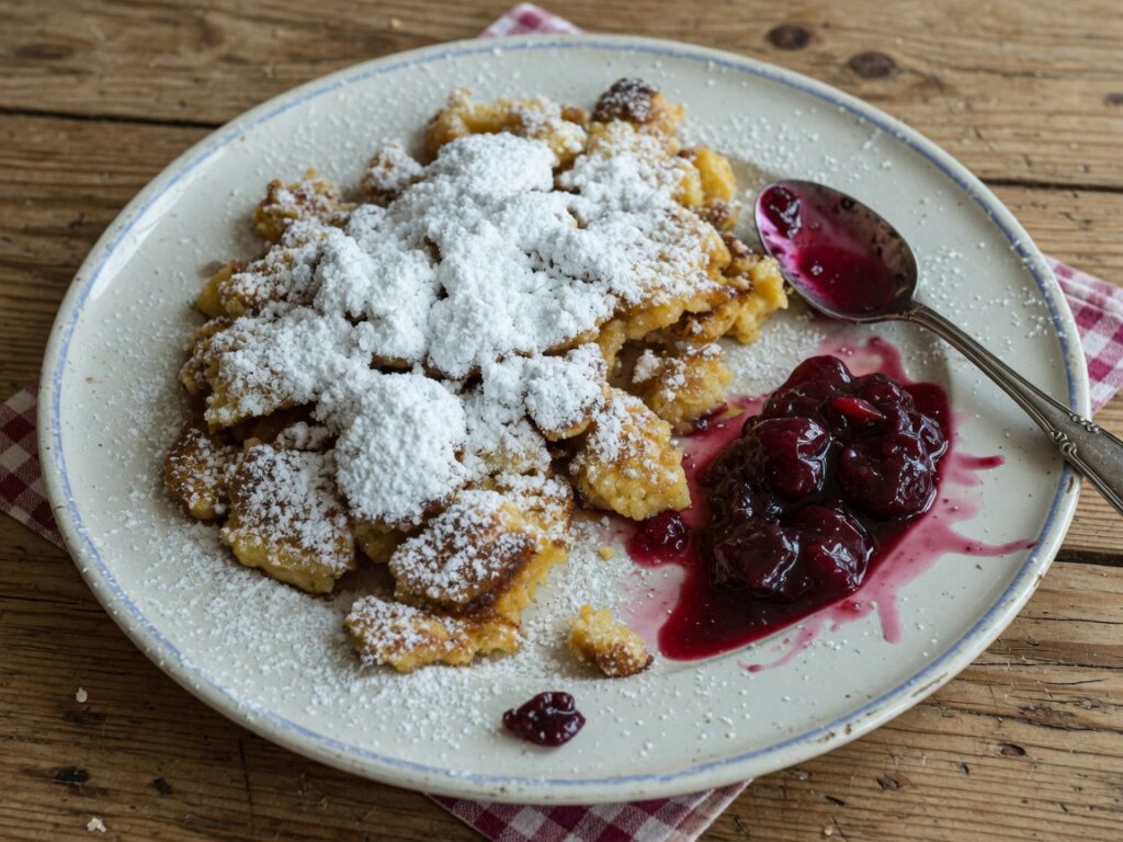 Kaiserschmarrn mit Puderzucker und Kompott auf dem Teller