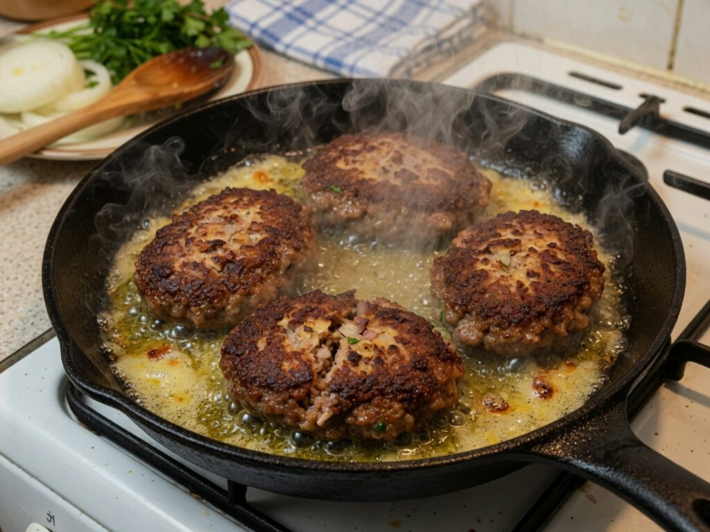 Saftige Frikadellen aufgeschnitten mit Senf